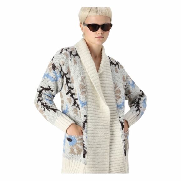 Vero Moda Floral Print Open Front Cardigan Sweater Cream Brown Blue Chunky Knit - Picture 4 of 12